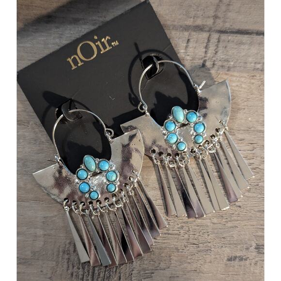 nOir Silver Statement Earrings with Turquoise Stones & Fringe Detail - Picture 2 of 5